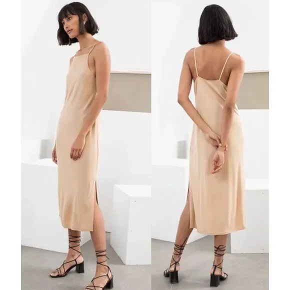 & Other Stories Square Neck Midi Slip Dress Minimalistic Beige Size 0/XS NWT - Picture 1 of 7